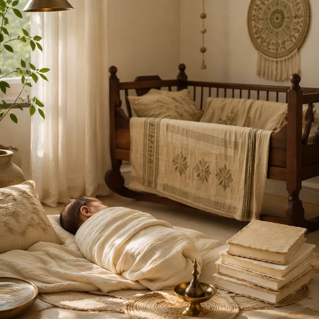 A peaceful nursery scene with a sleeping baby and soft Sanskrit-inspired decor.