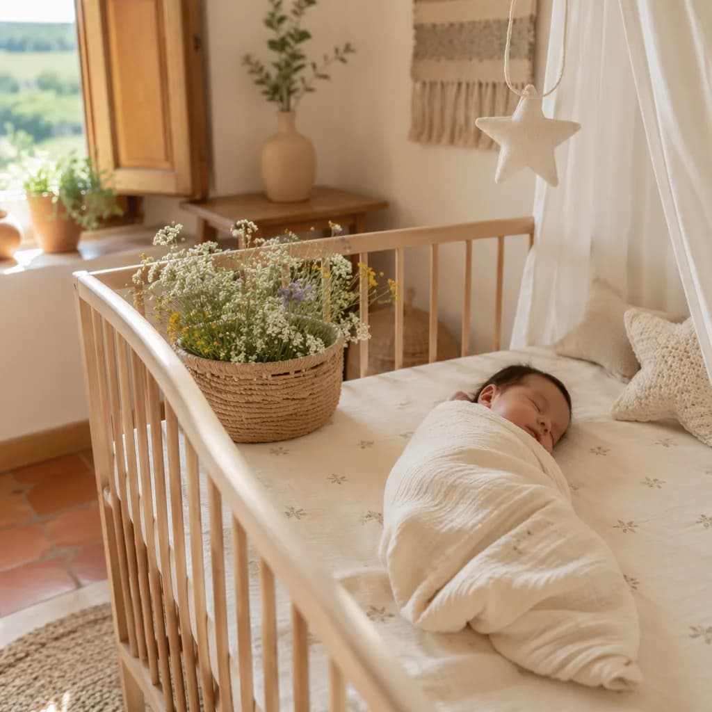 A peaceful pastel nursery with a sleeping baby, meadow flowers, and soft star decor.