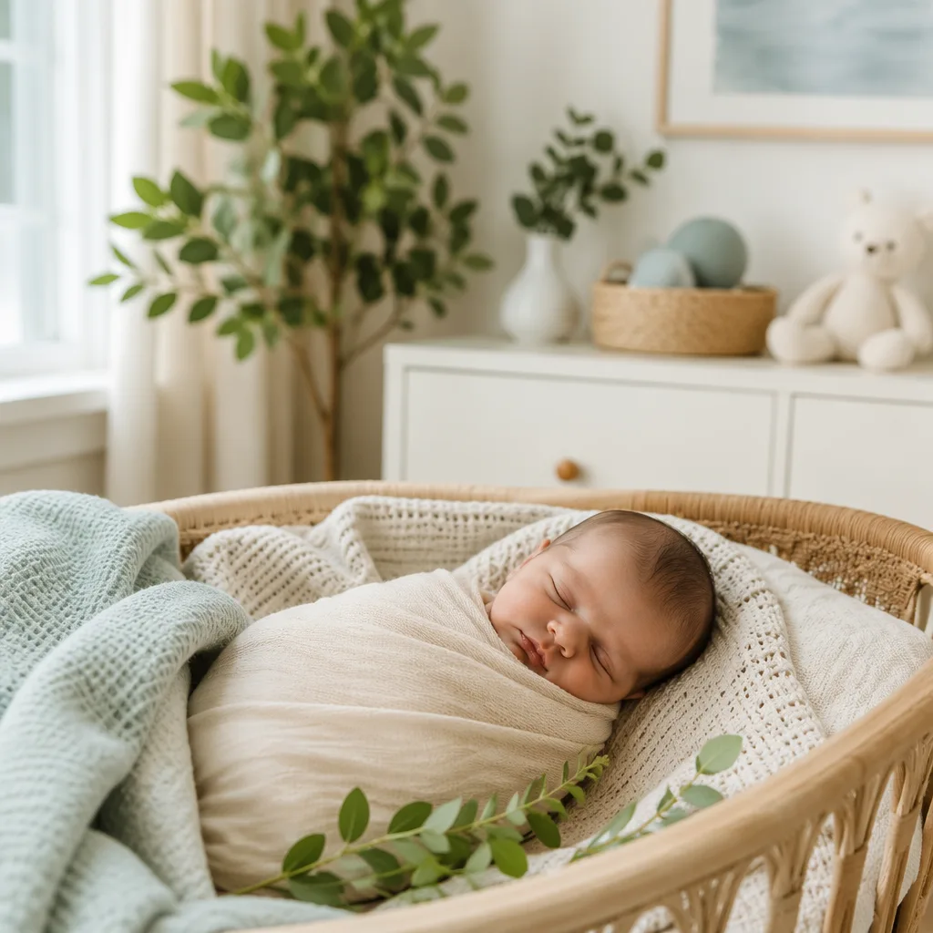 A peacefully sleeping swaddled baby in a soft pastel modern nursery with gentle natural light.