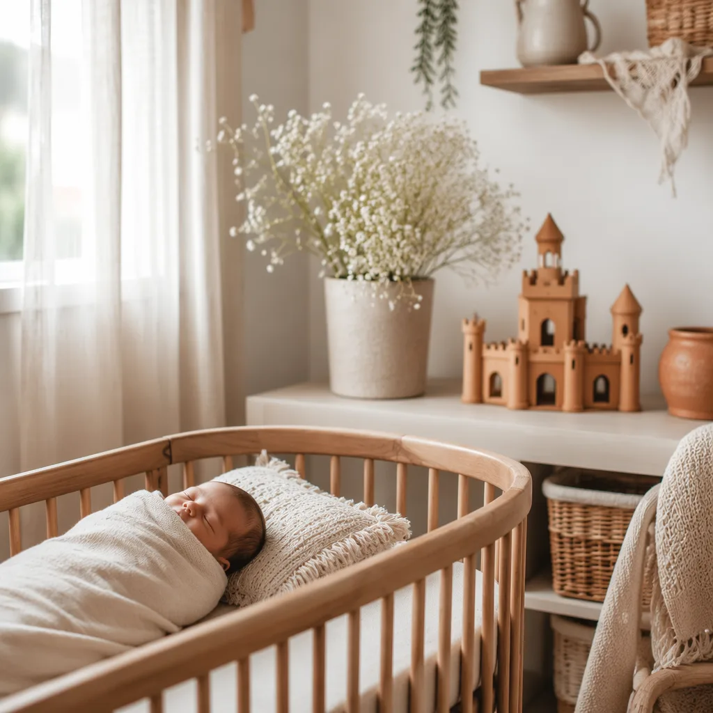 A softly lit pastel nursery with a sleeping swaddled baby, white flowers, and a small toy castle.
