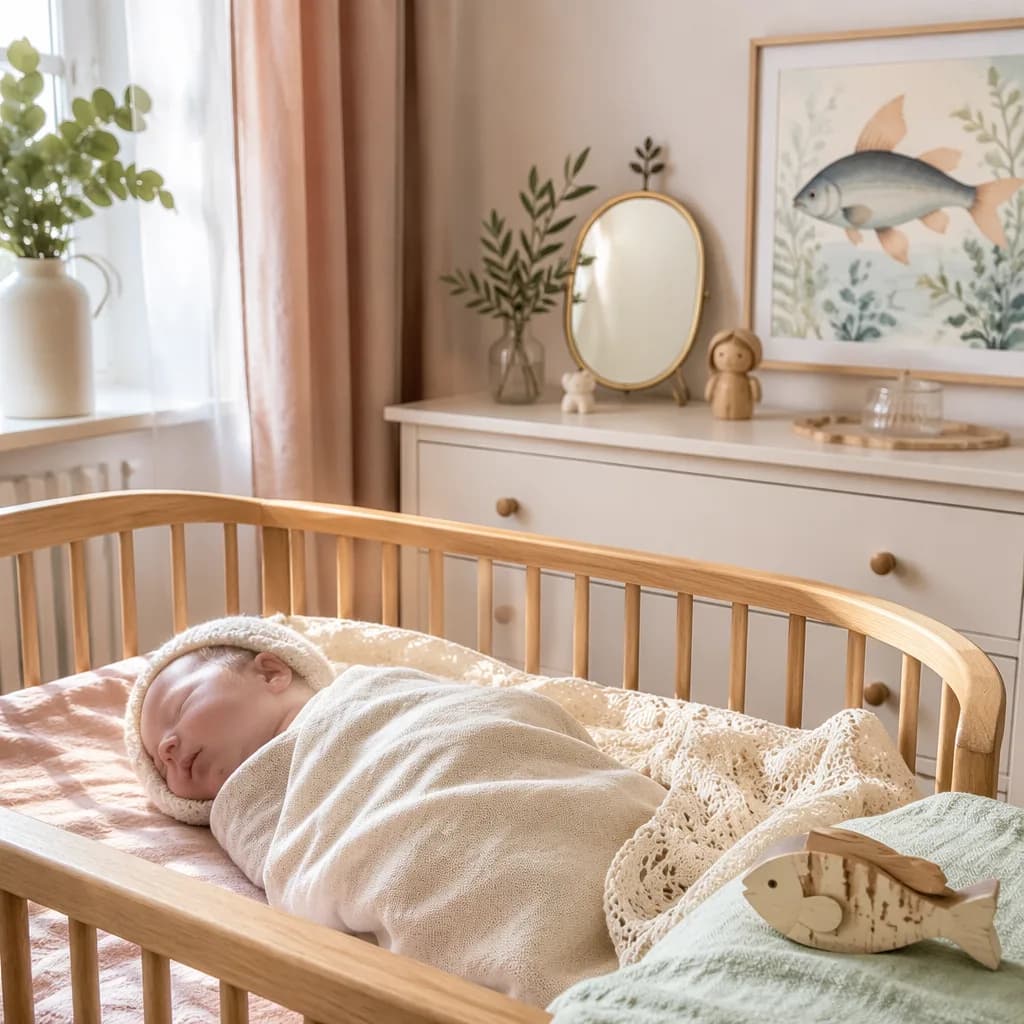 A softly lit pastel nursery with a swaddled sleeping baby and gentle Russian-inspired details.