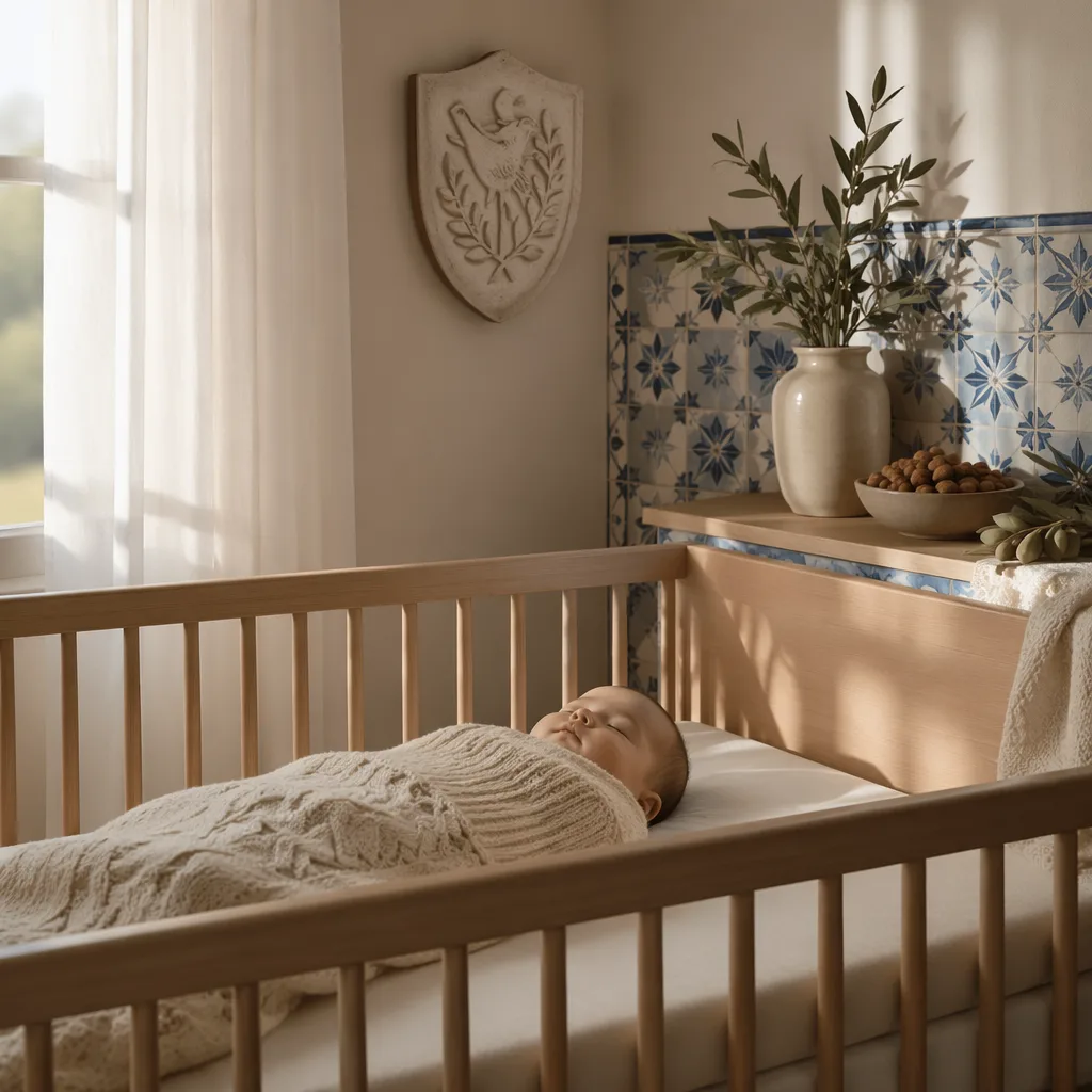 Sleeping baby in a soft Portuguese-inspired nursery with natural accents.