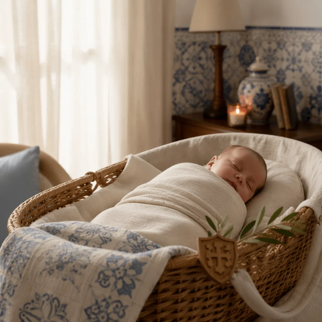 A peaceful Portuguese-inspired nursery with a swaddled sleeping baby in soft natural light.