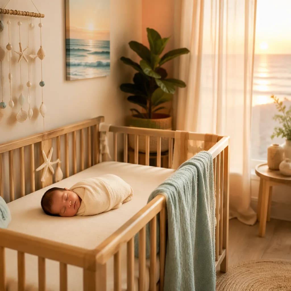 A serene pastel nursery with a swaddled sleeping baby in soft sunrise light and subtle ocean-inspired decor.