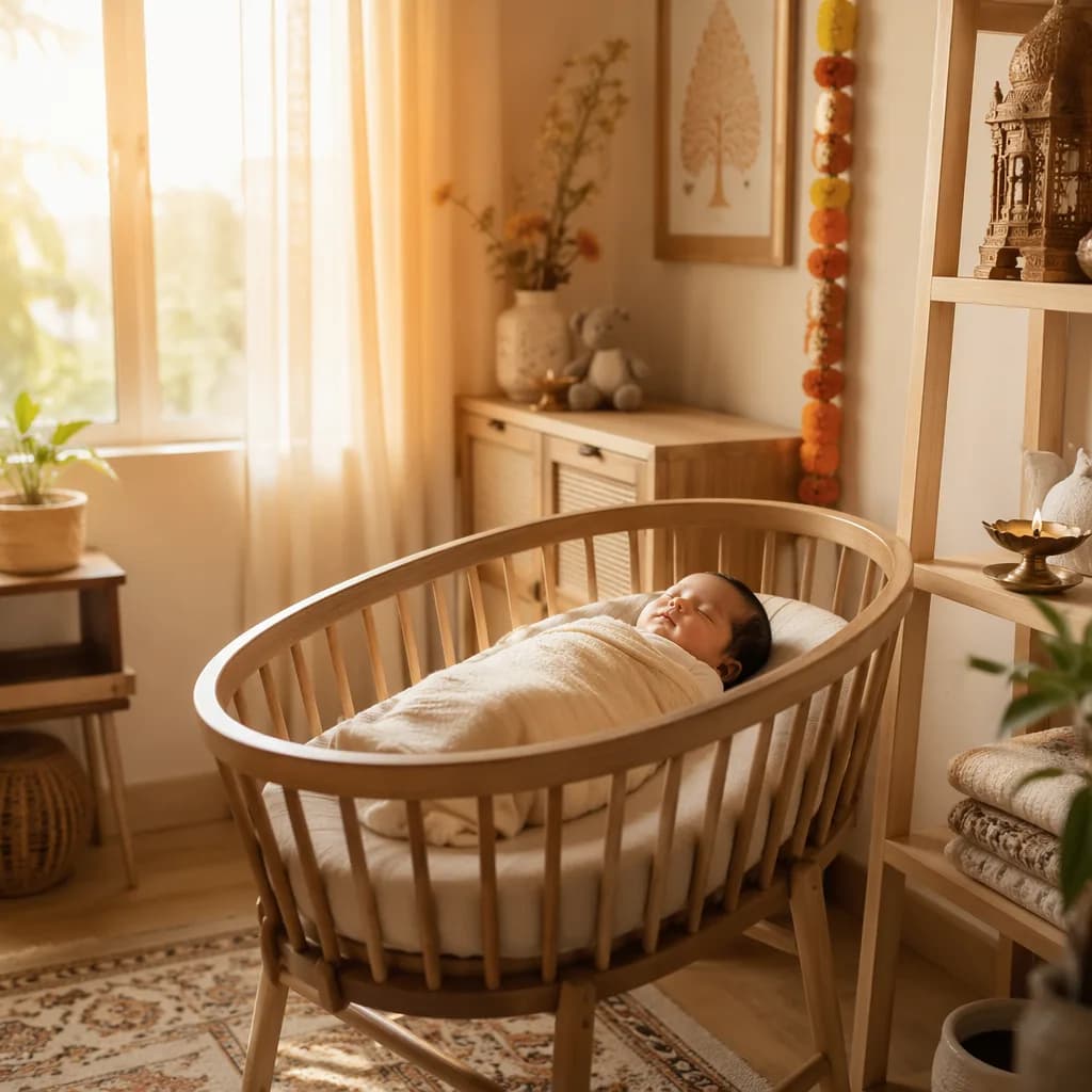 Peaceful newborn in a cozy sunrise nursery with soft Indian-inspired accents.