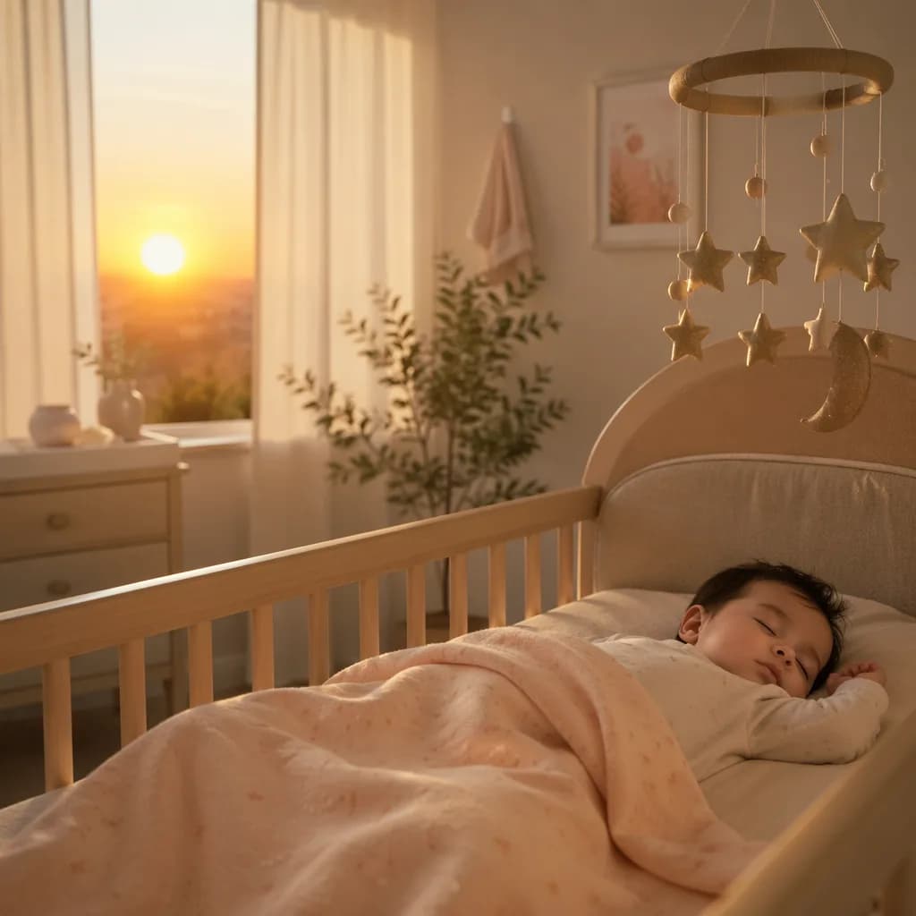 Peaceful Indian baby sleeping in a softly lit nursery at dawn with star mobile.