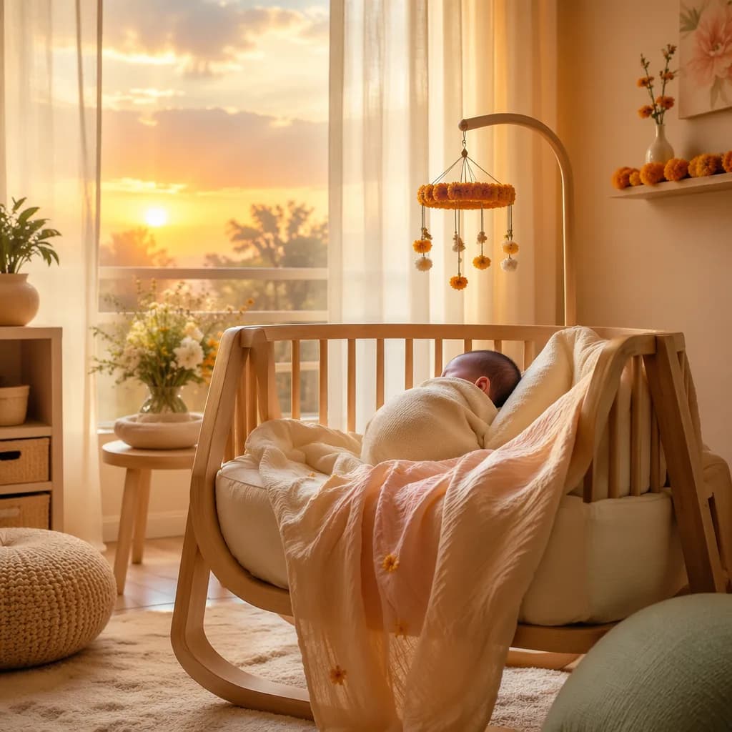 A peaceful pastel nursery at sunrise with a swaddled baby and soft marigold-inspired decor.