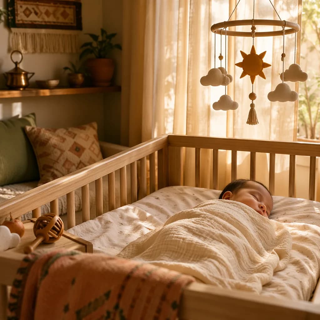 Sleeping baby in a soft pastel nursery lit by gentle dawn light.
