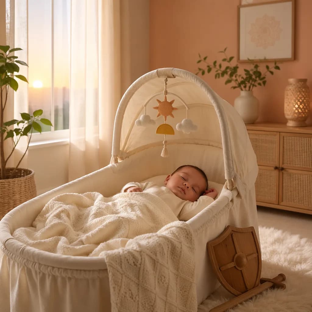 Sleeping baby in a cozy pastel nursery lit by soft dawn sunlight.