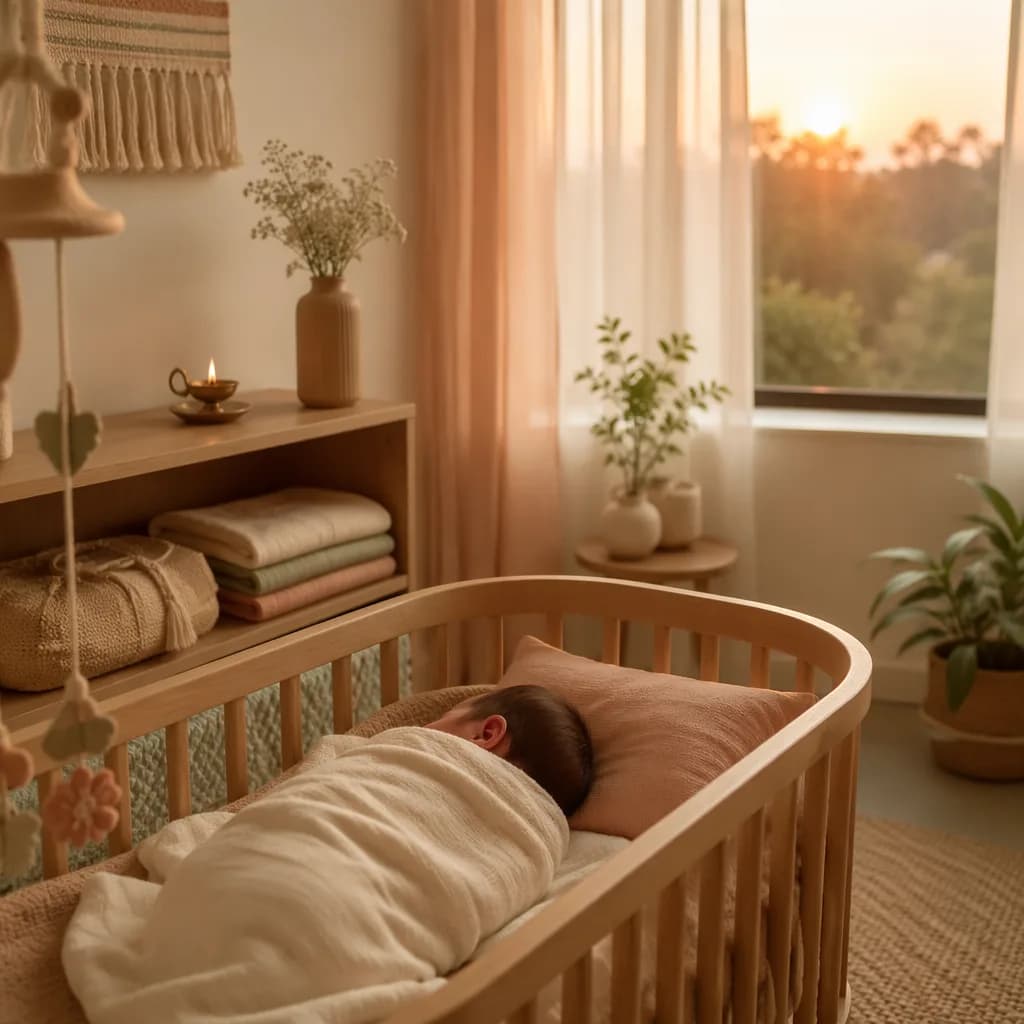 A softly lit nursery scene with a swaddled newborn at sunrise, inspired by the Sanskrit name Vihaan Satyam.