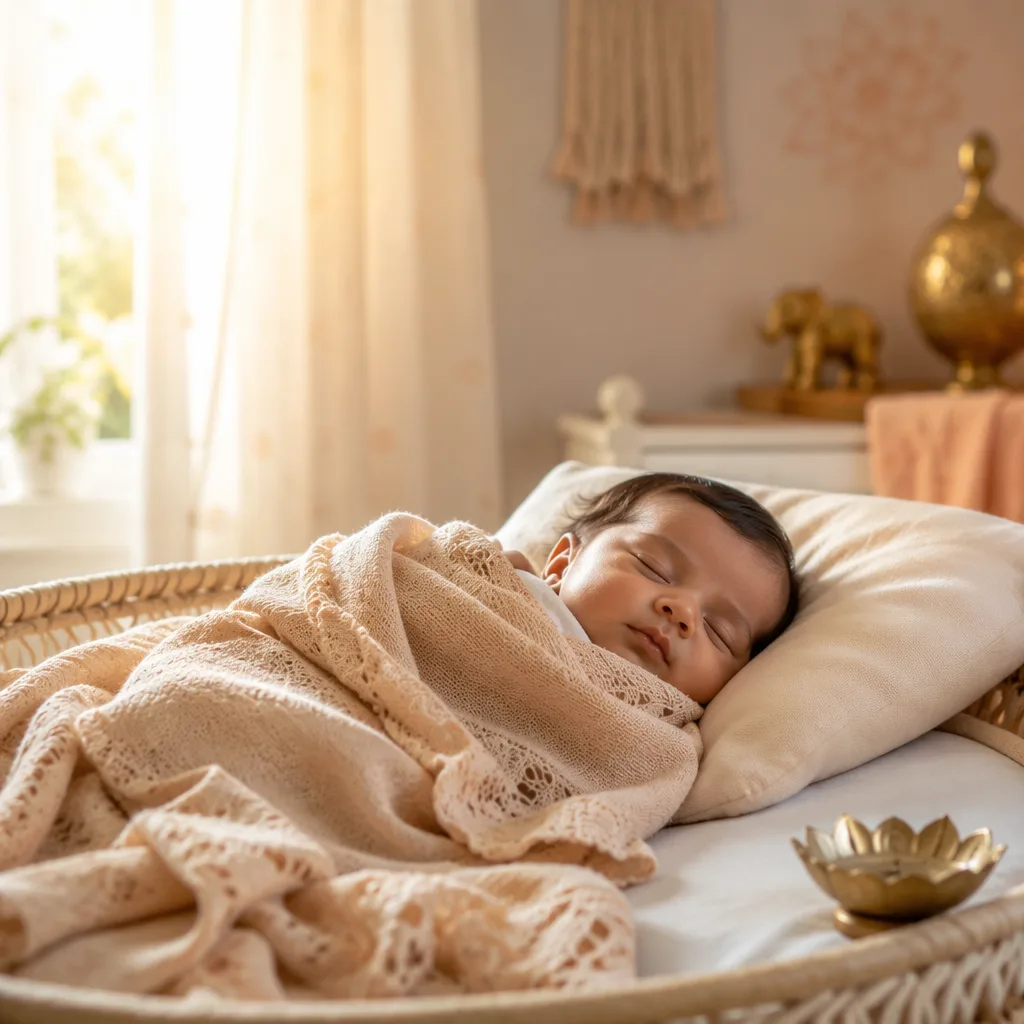 Peaceful newborn in a warm pastel nursery lit by soft sunrise light.