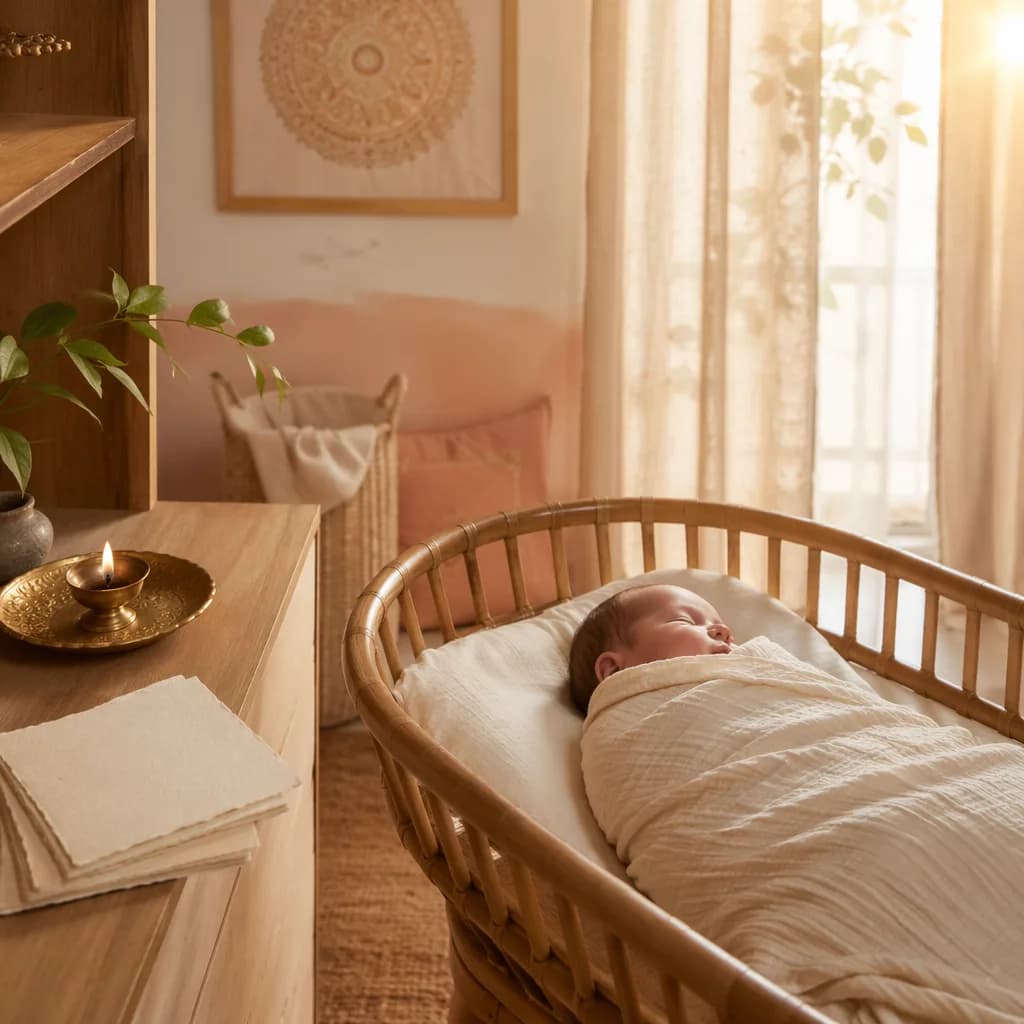 Sleeping swaddled baby in a cozy pastel nursery lit by soft sunrise light.