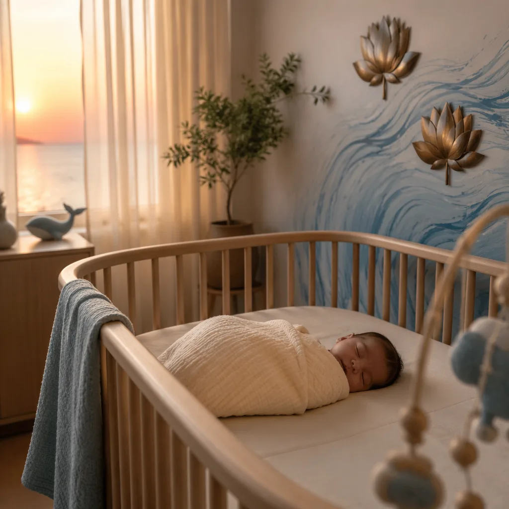 A peaceful baby nursery glowing with soft dawn light and gentle ocean-inspired accents.