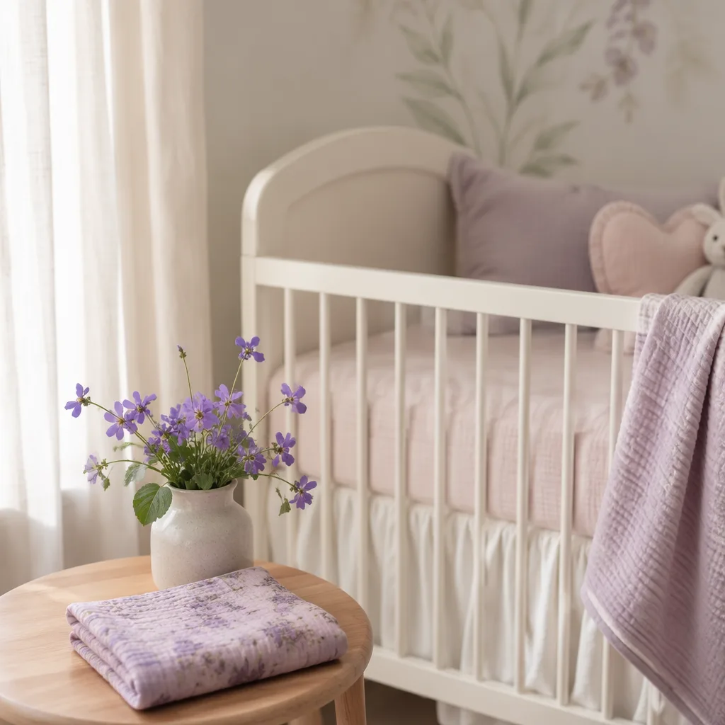 Soft pastel nursery with violet flowers and gentle natural light.