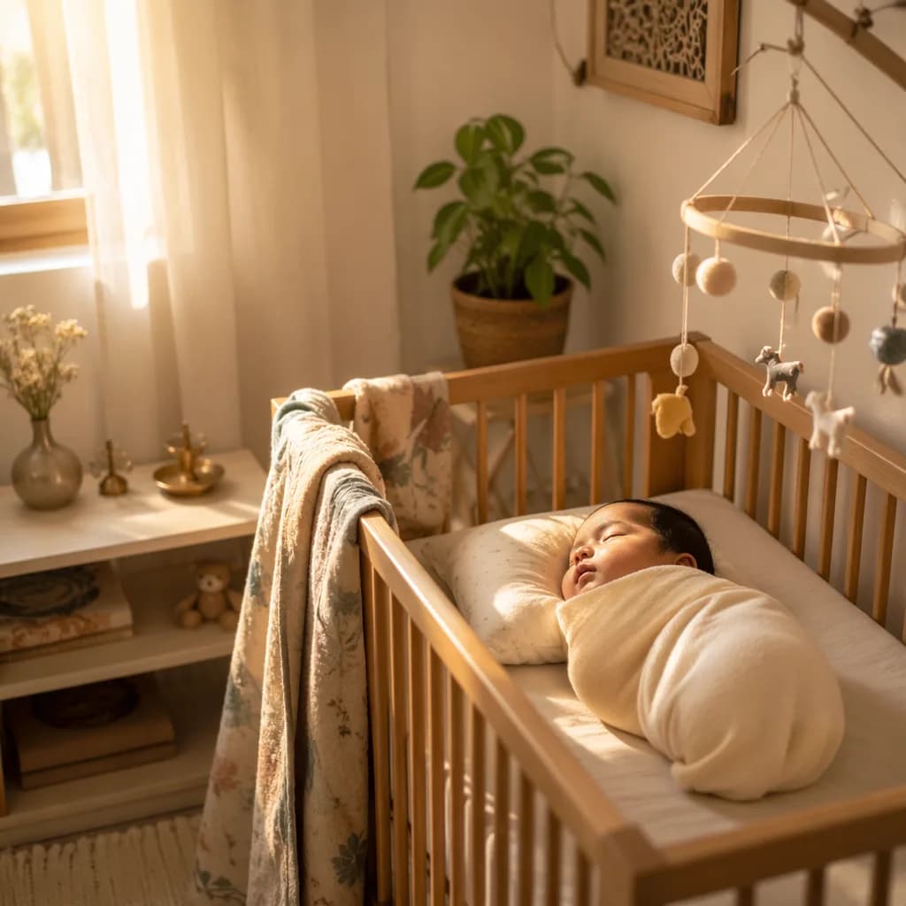 A peaceful swaddled baby in a sunlit pastel nursery with subtle Indian-inspired decor.