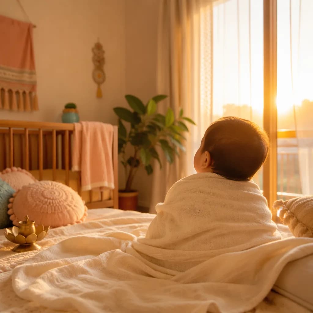 Indian baby in a sunlit pastel nursery with soft cozy details.