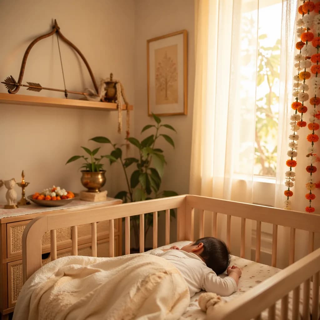 Soft sunlit Hindi-inspired nursery with a peaceful non-identifiable baby and subtle Arjun-themed decor.