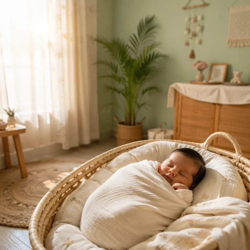 Sleeping newborn in a soft pastel nursery with gentle morning light and subtle Indian-inspired decor.