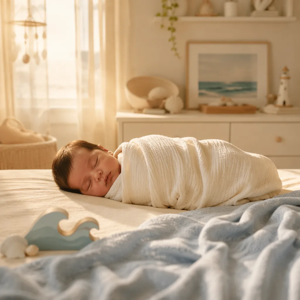 Sleeping baby in a soft pastel nursery with warm sunlight and ocean-inspired decor.