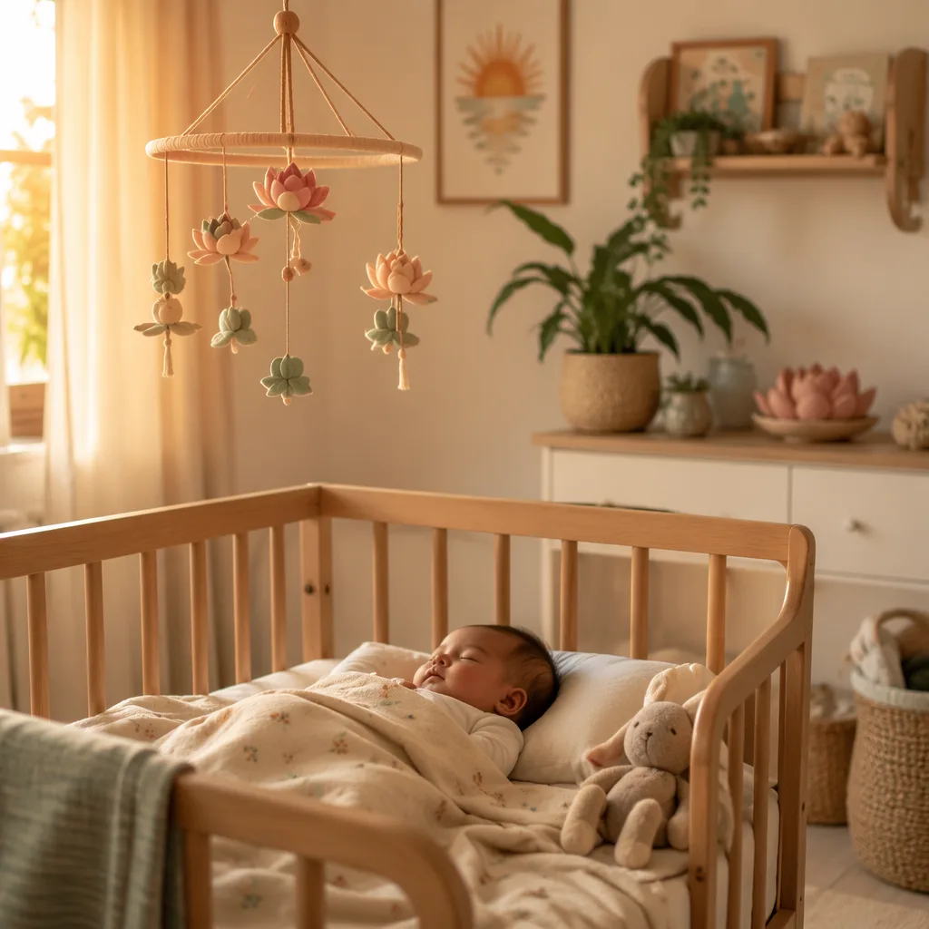 A cozy pastel nursery with a sleeping baby in soft morning light.