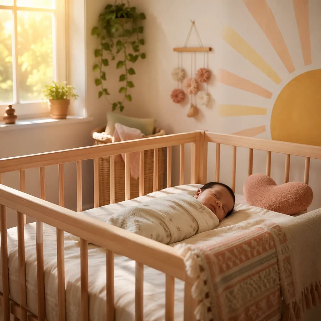 A peaceful pastel nursery with a swaddled baby in soft morning light.