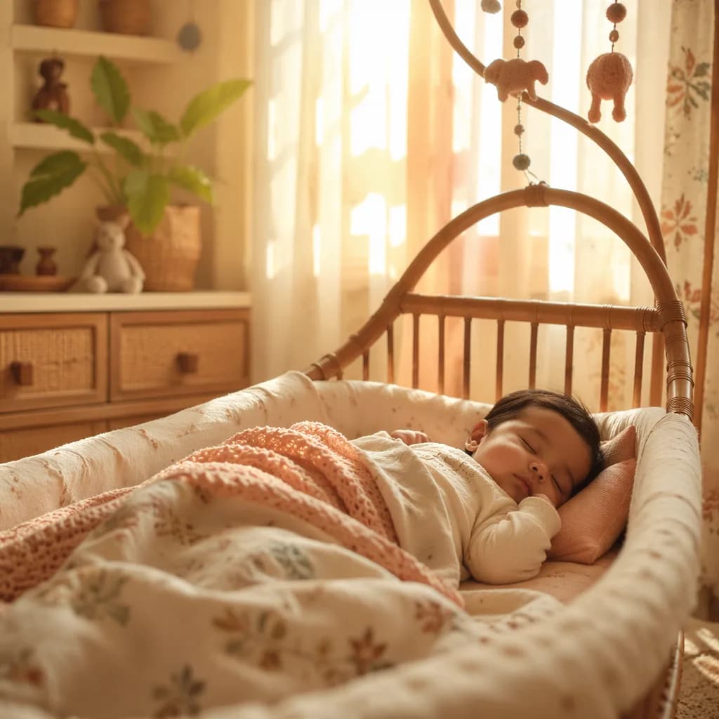 Sleeping baby in a warm pastel nursery with gentle morning light.