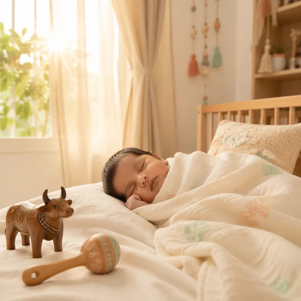 Sleeping baby in a soft sunlit nursery with a wooden bull figurine.