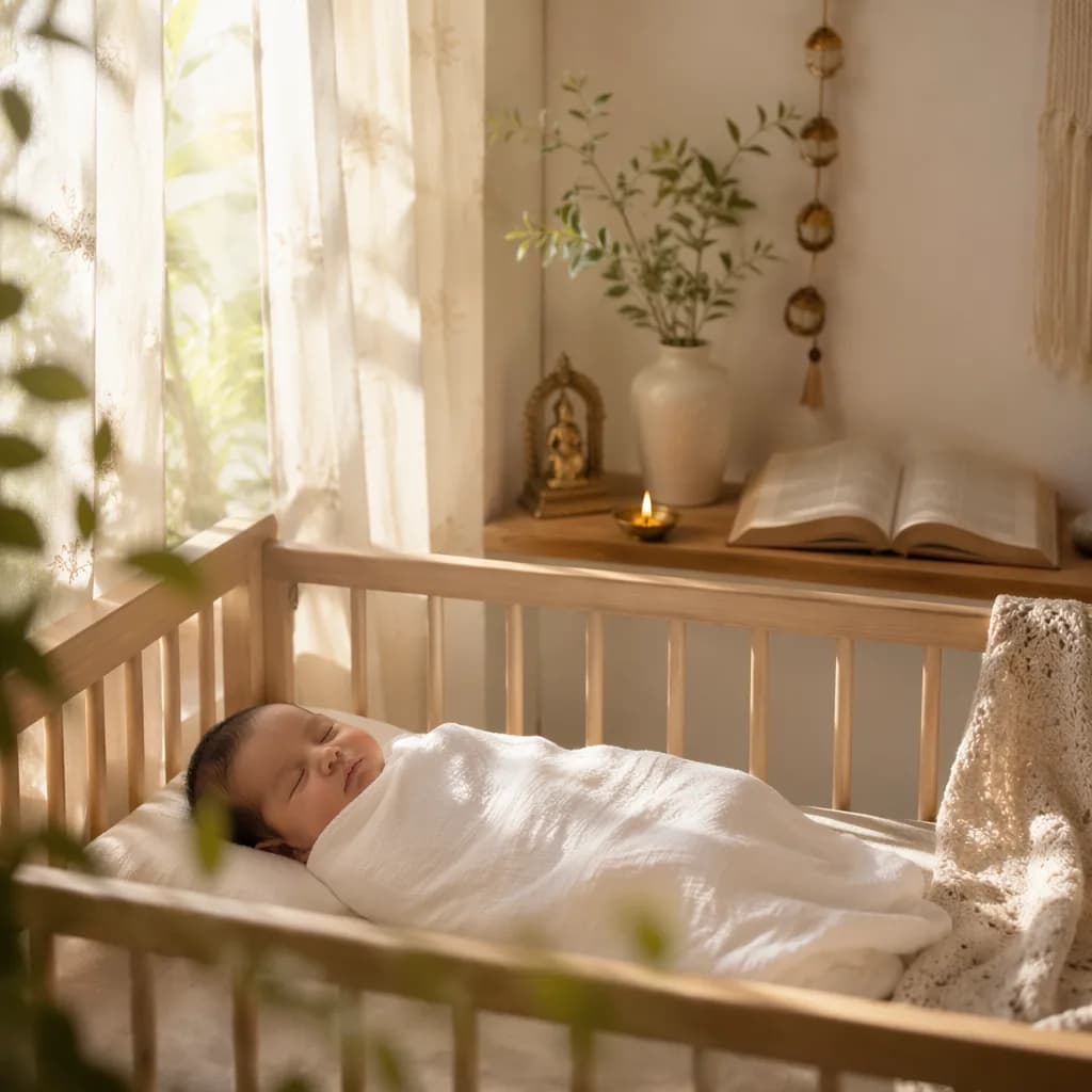 A swaddled newborn in a sunlit pastel nursery with warm golden light and serene decor.