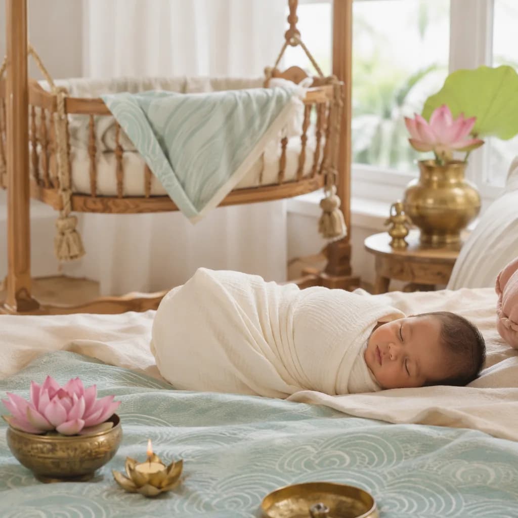 A peaceful swaddled newborn in a soft pastel nursery with lotus and ocean-inspired details.