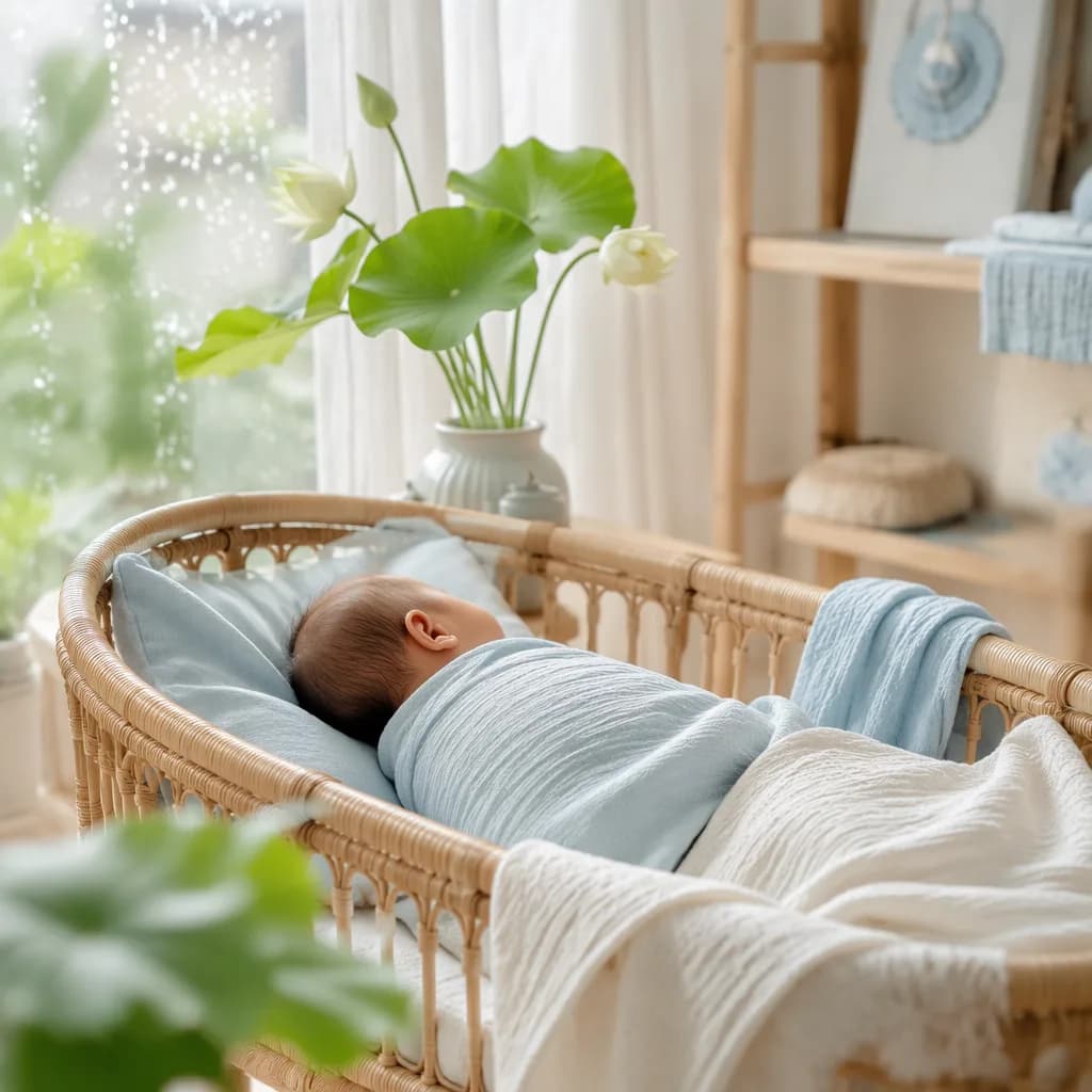 Sleeping Vietnamese baby in a soft pastel nursery with bamboo and lotus details.
