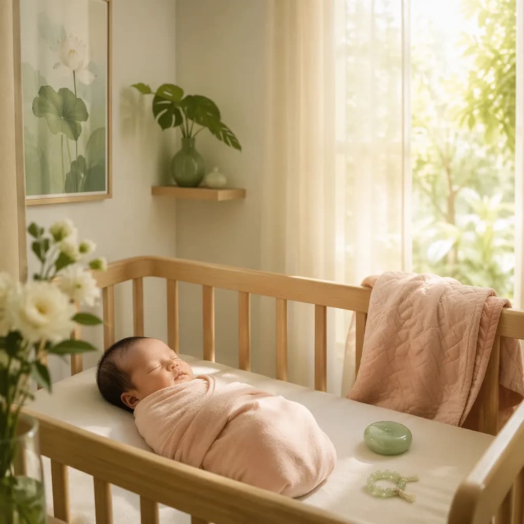 A softly lit nursery with a sleeping baby and pale jade accents.