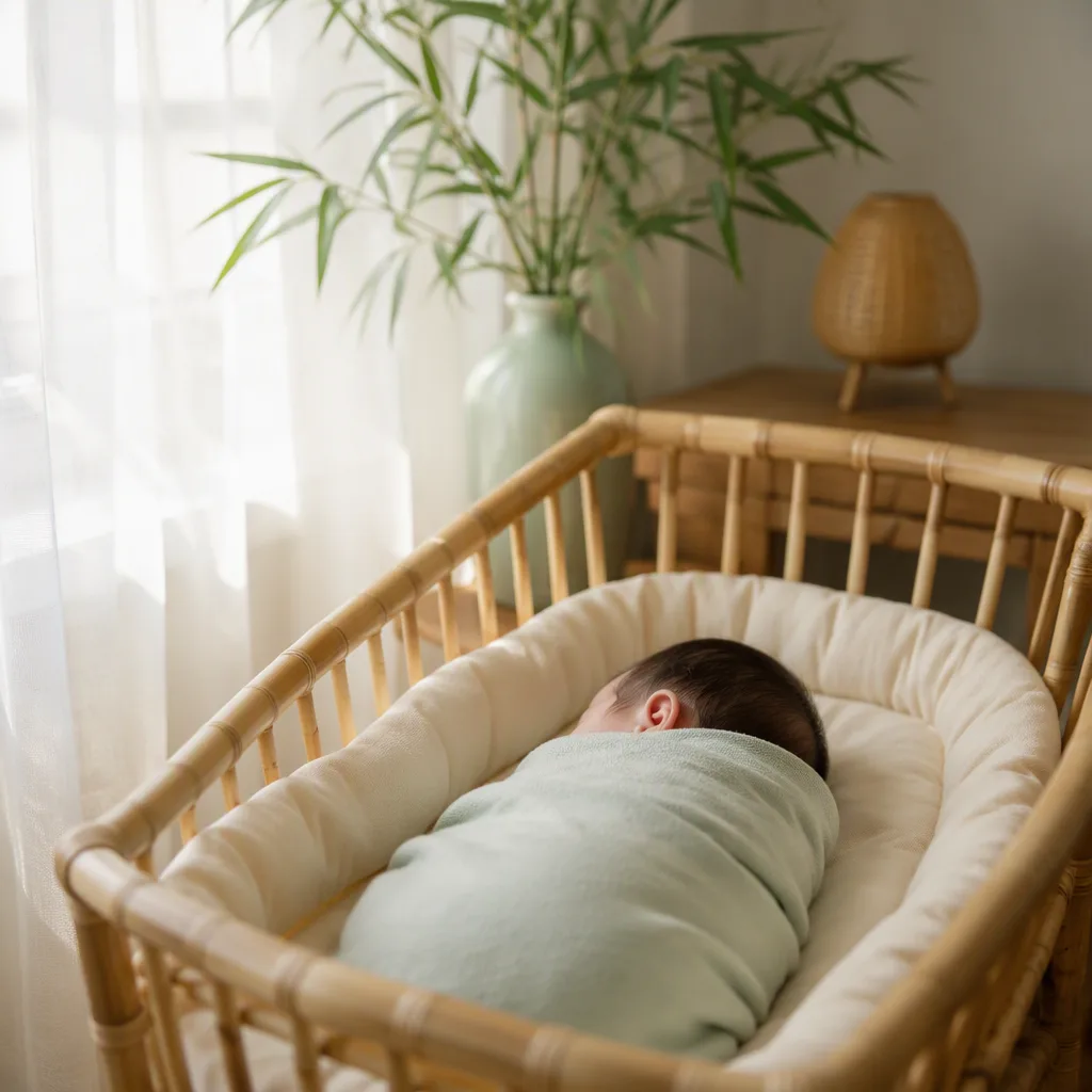 Sleeping Vietnamese baby in a soft nursery with bamboo leaves and pastel green accents.