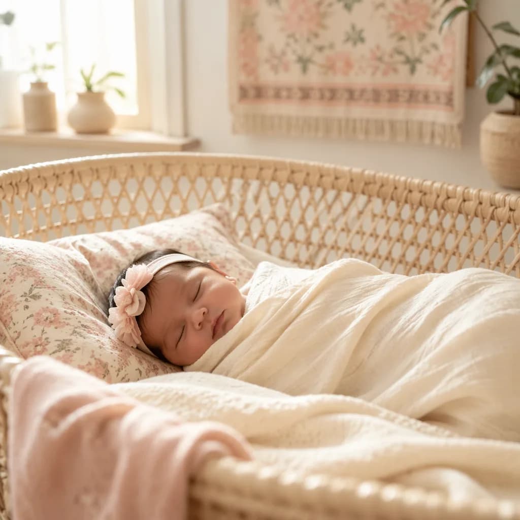 A peaceful newborn in a soft pastel nursery with gentle natural light.