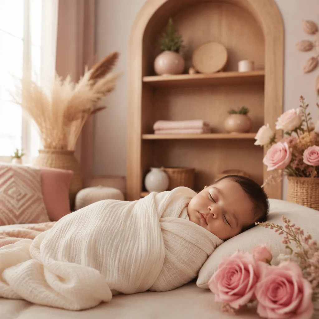 A peaceful baby nursery with soft rose accents and gentle natural light.