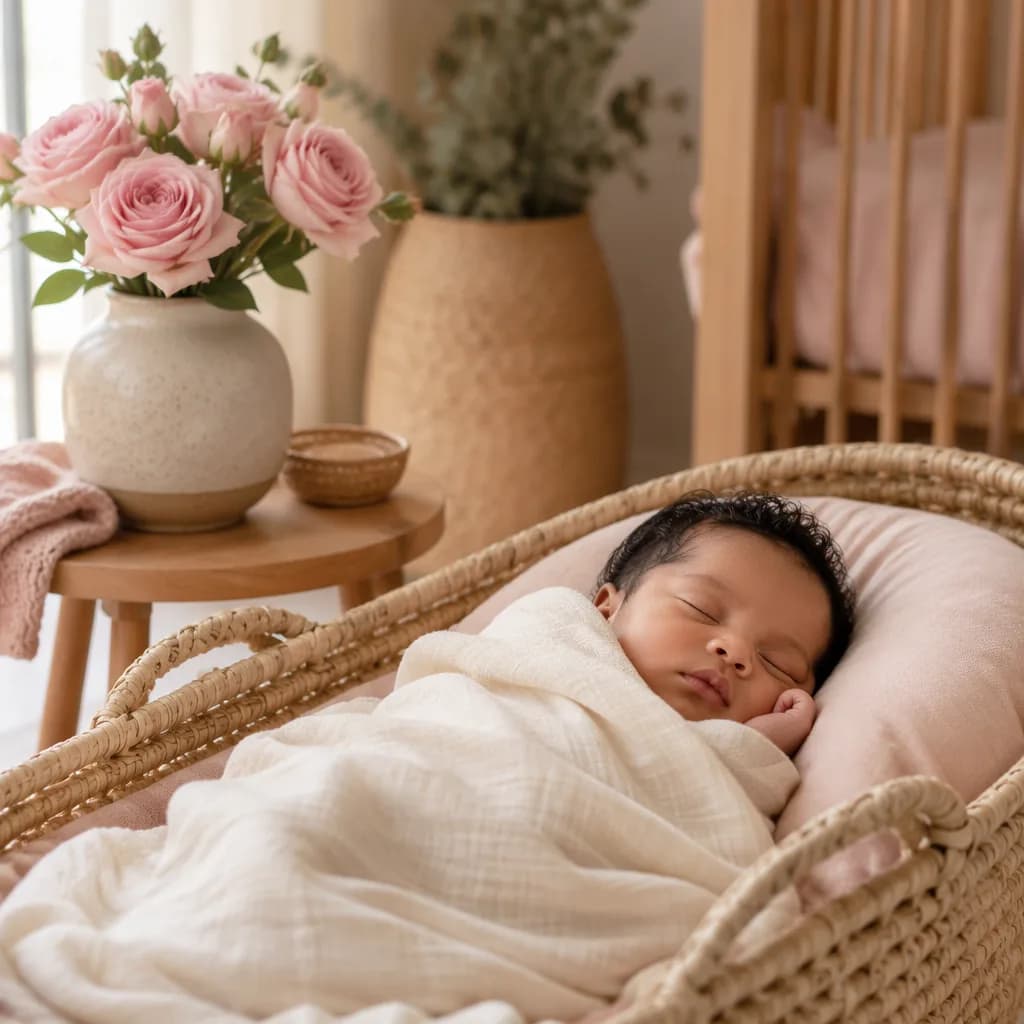 A serene pastel nursery with a swaddled baby and soft blush rose accents.
