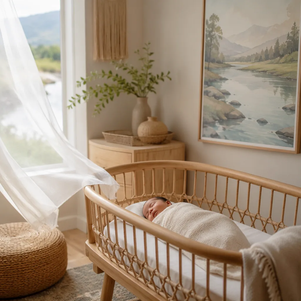 Peaceful nursery scene with a sleeping baby, soft breeze, and river-inspired decor.