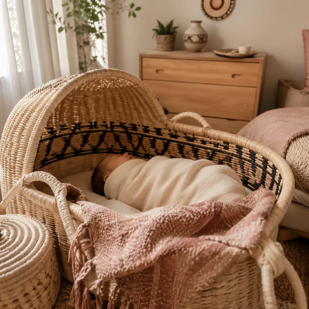 Sleeping baby in a soft nursery with woven accents and gentle natural light.