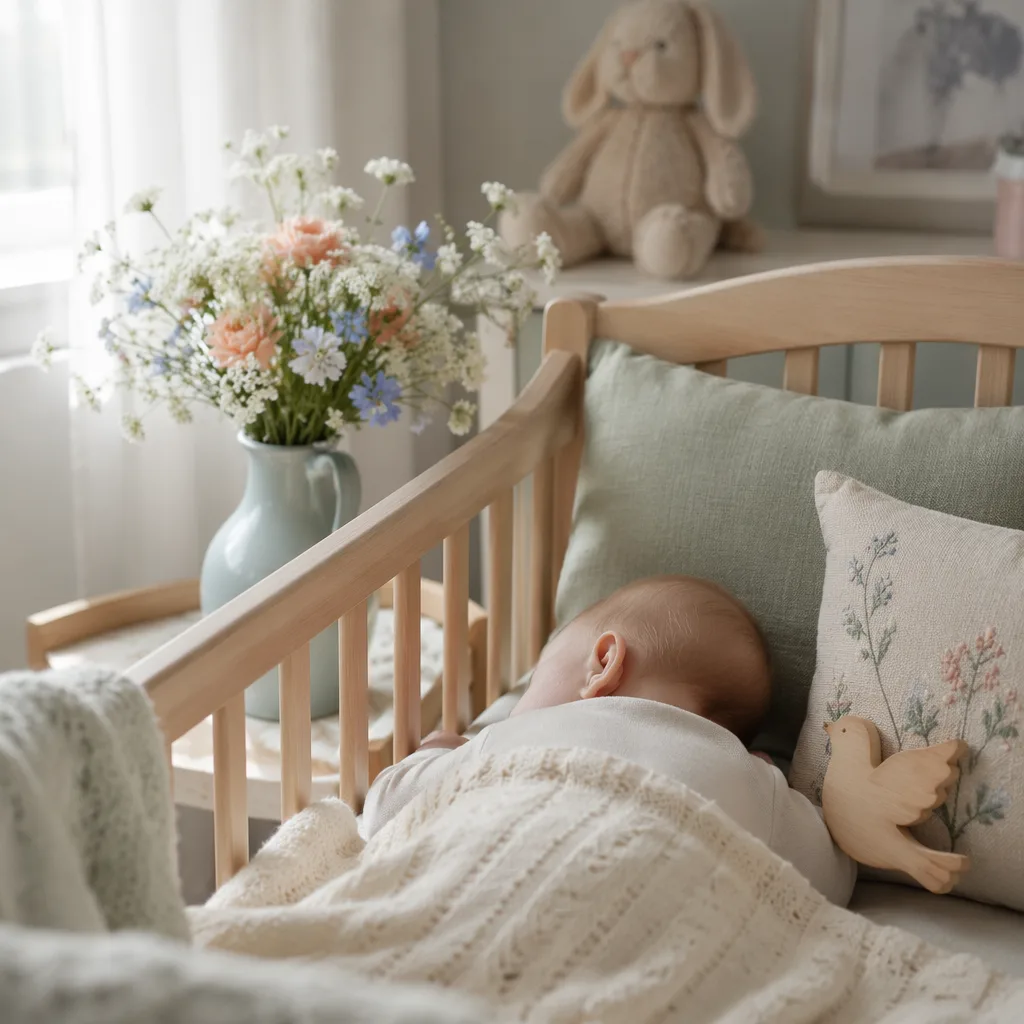 A peaceful sleeping baby in a soft pastel nursery with gentle natural light and cozy English countryside details.