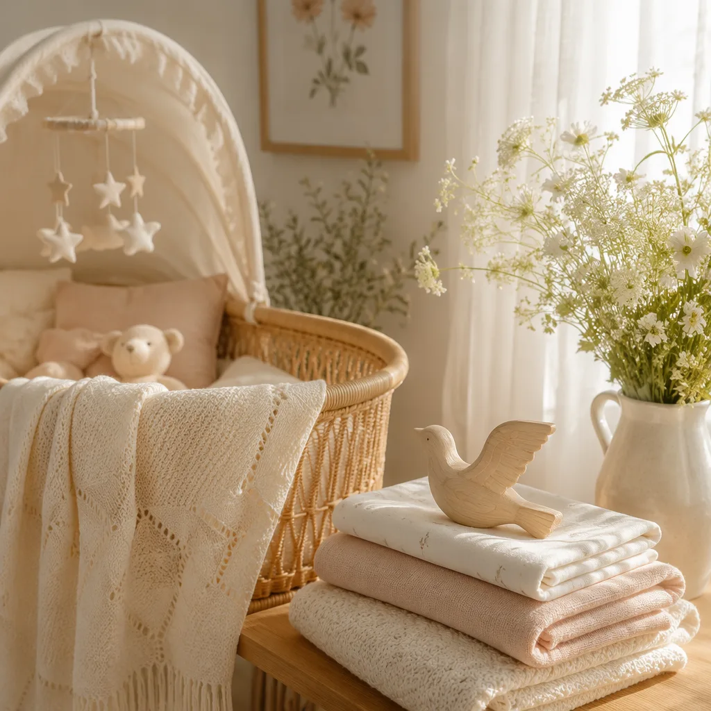 Peaceful pastel nursery with bassinet, soft blankets, flowers, and warm sunlight.