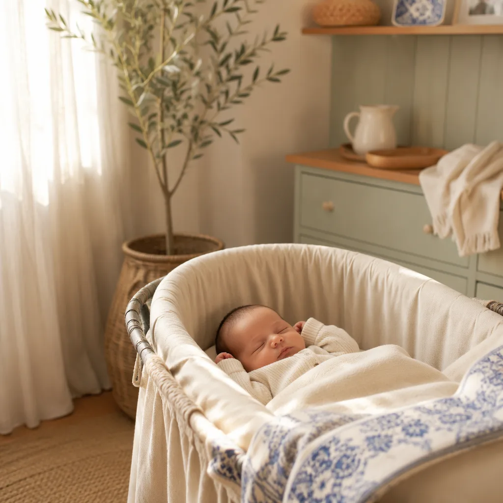 A peaceful baby in a cozy pastel nursery with subtle Portuguese-inspired decor.