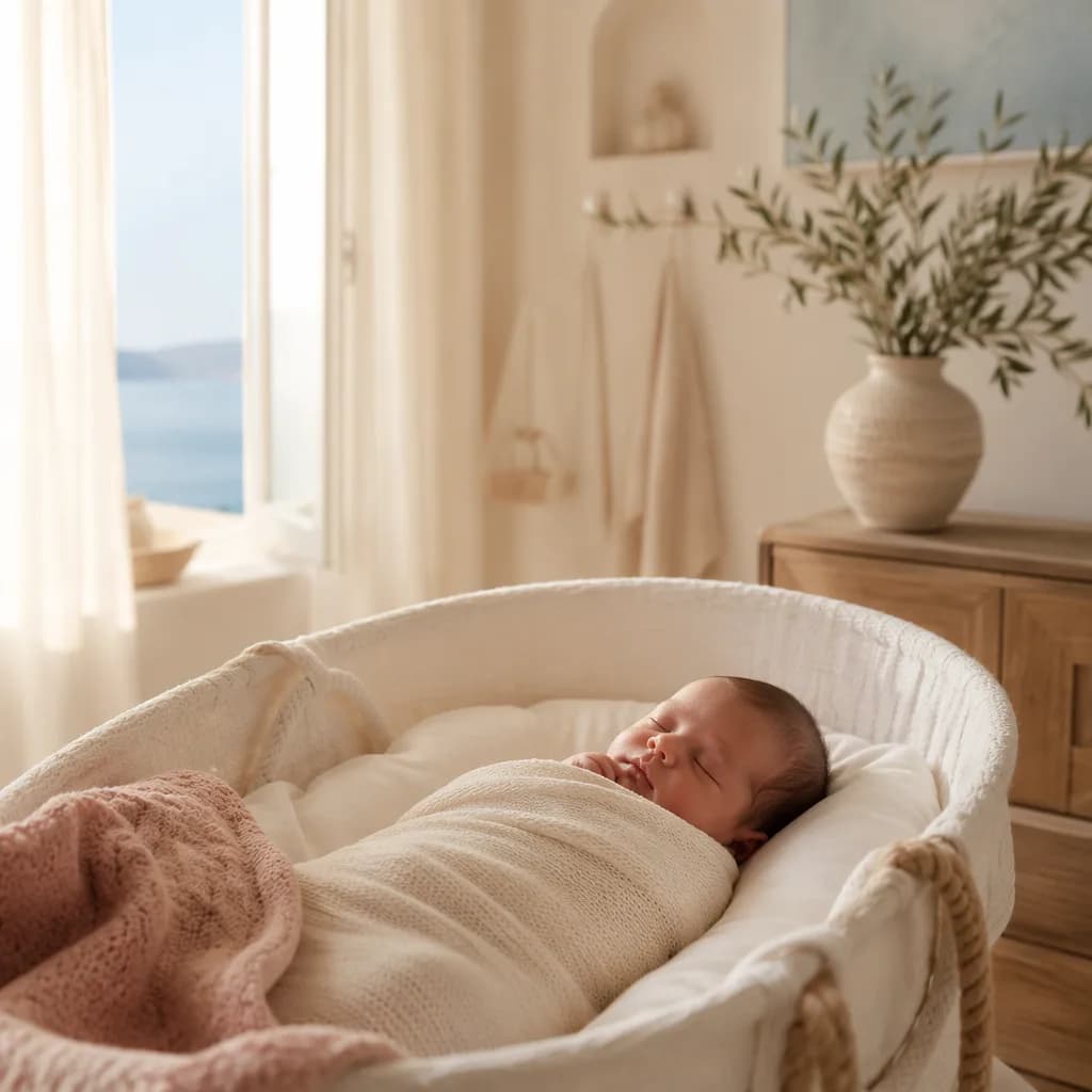 Soft Greek-inspired nursery with a sleeping swaddled newborn, olive branch, and gentle pastel light.