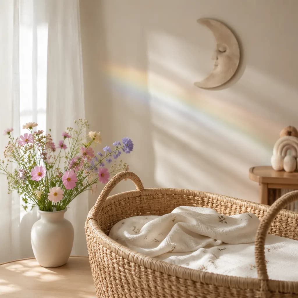 Cozy nursery still-life with pastel flowers, a bassinet, moon decor, and soft rainbow light.