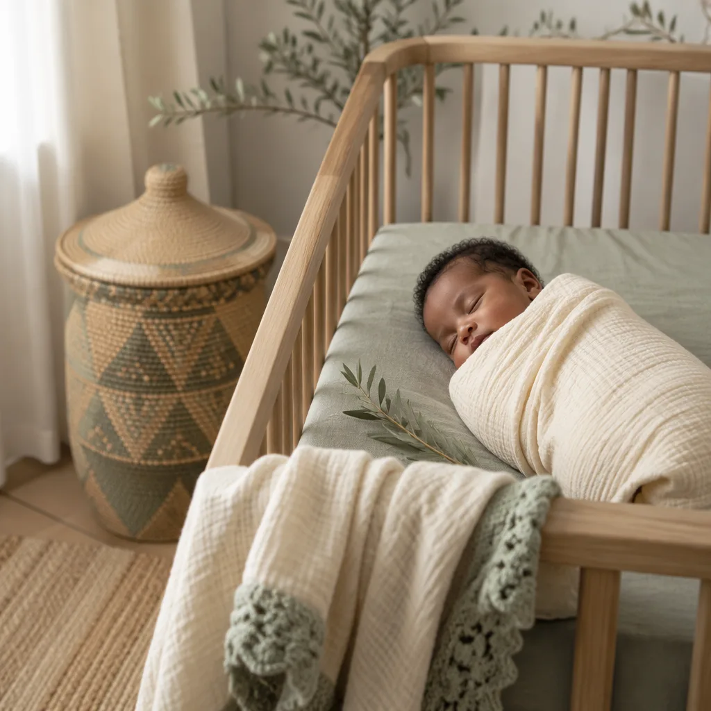 Sleeping baby in a warm pastel nursery with East African-inspired woven accents.