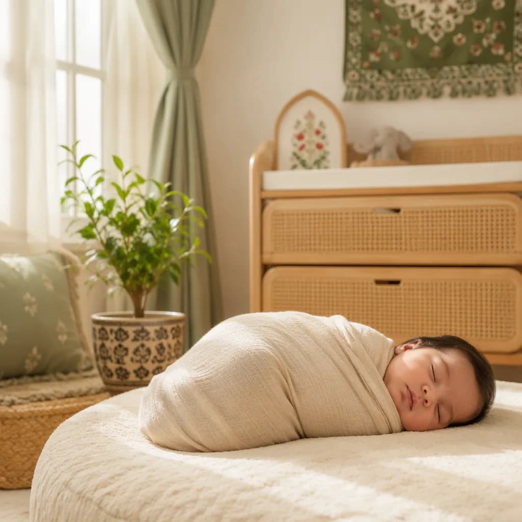 Sleeping baby in a soft pastel nursery with warm light and a small plant symbolizing life and growth.