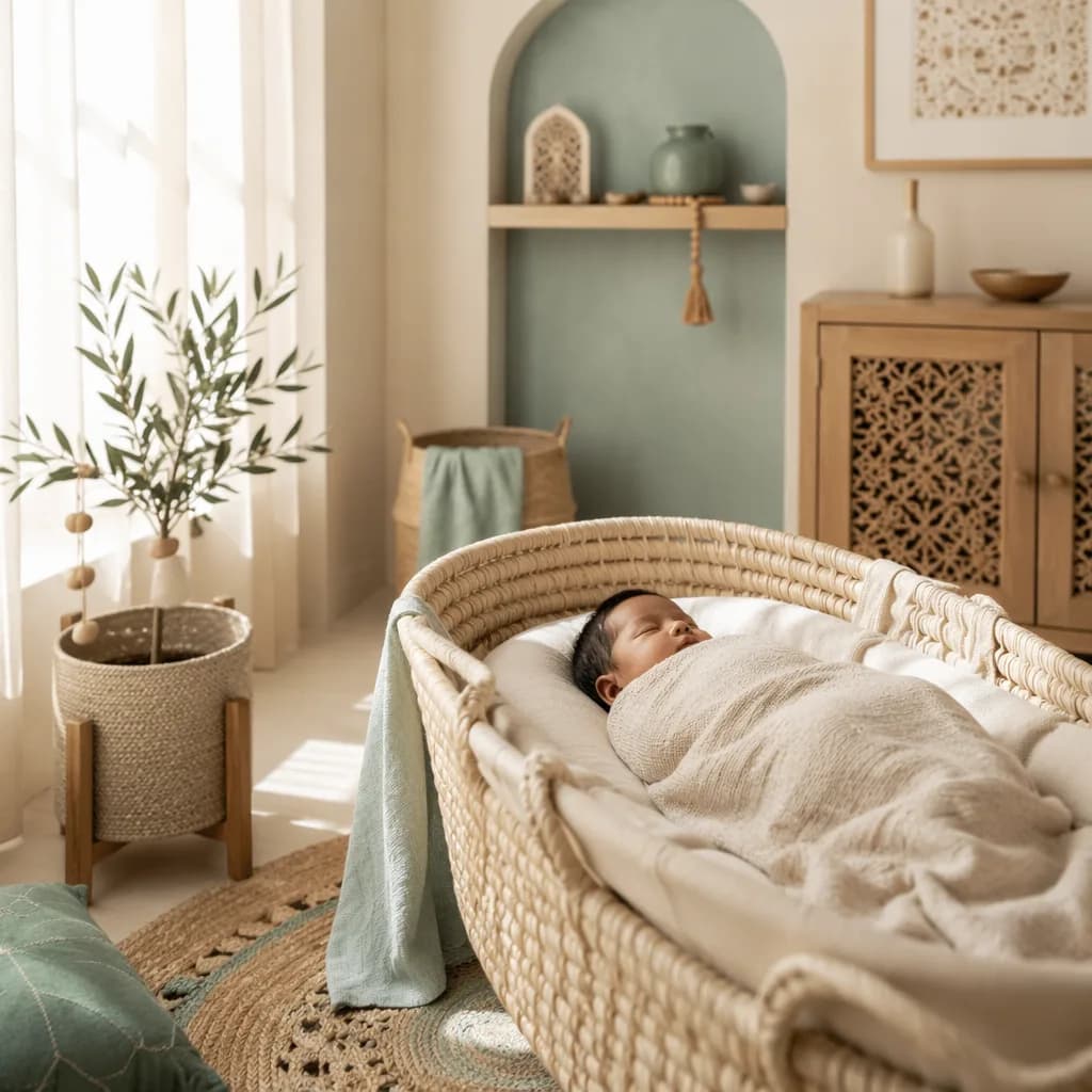Sleeping baby in a soft pastel Swahili-inspired nursery with gentle natural light.