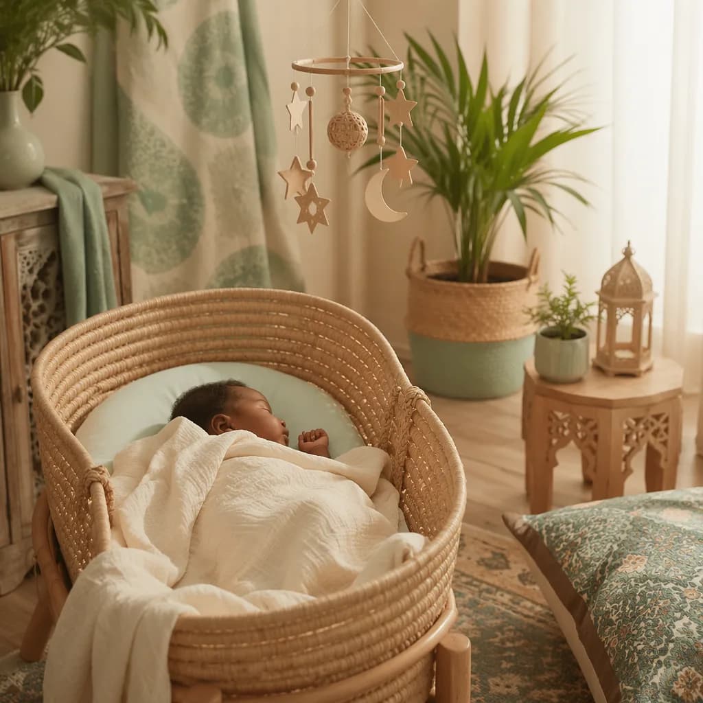 Peaceful Swahili baby in a softly lit pastel nursery with woven coastal decor.