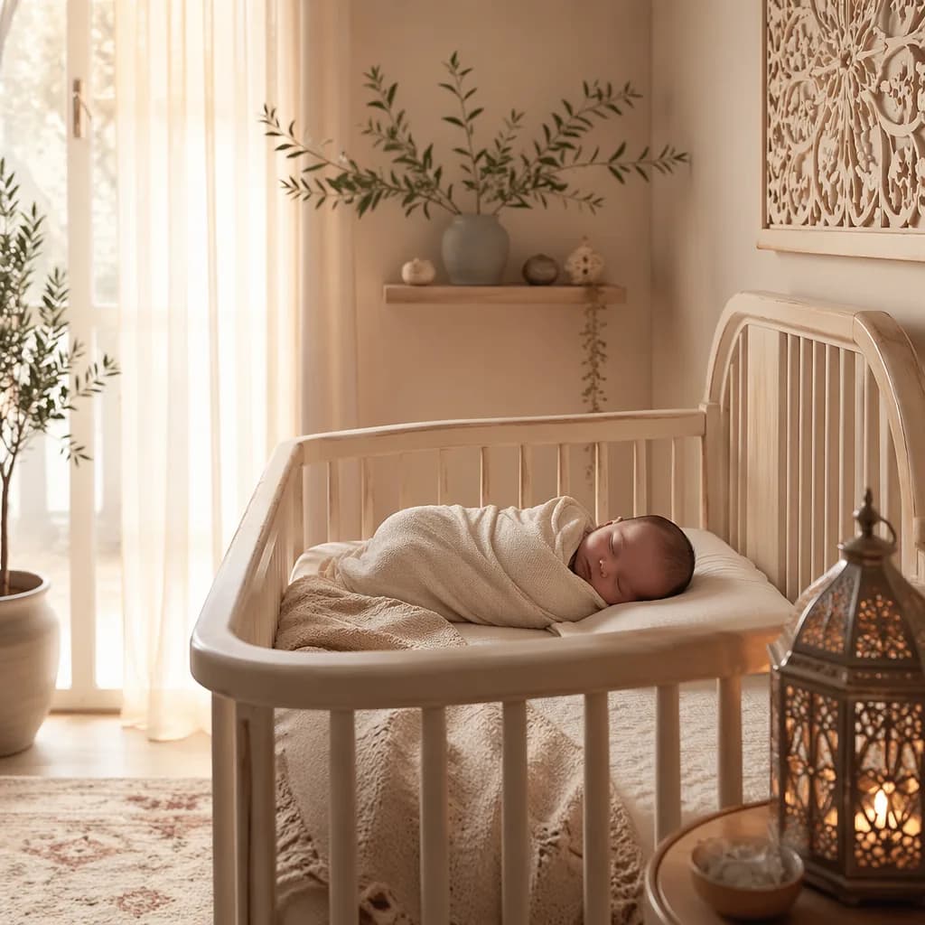 Sleeping baby in a softly lit pastel nursery with warm Arabic-inspired decor.