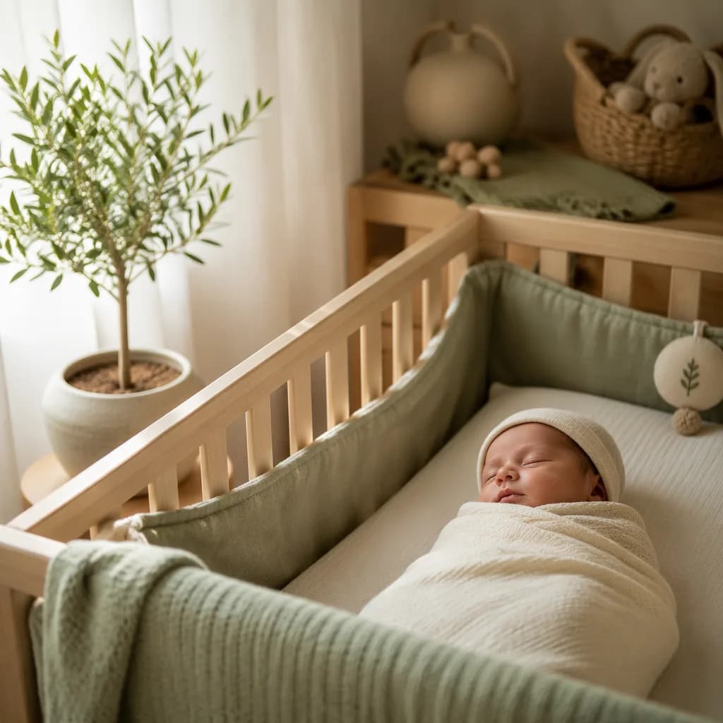 Sleeping swaddled baby in a soft pastel nursery with a small green sapling.