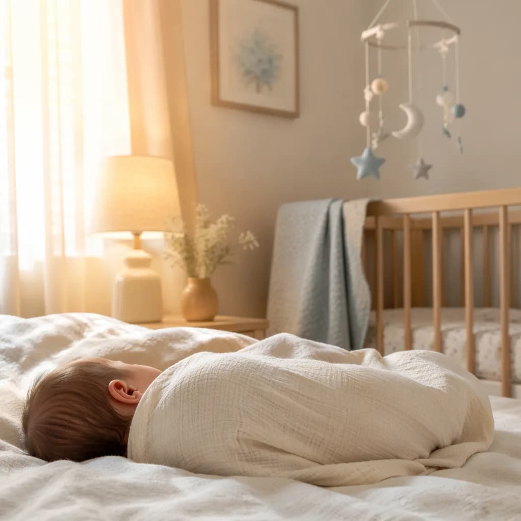 A softly lit nursery with a swaddled sleeping baby and warm morning light.