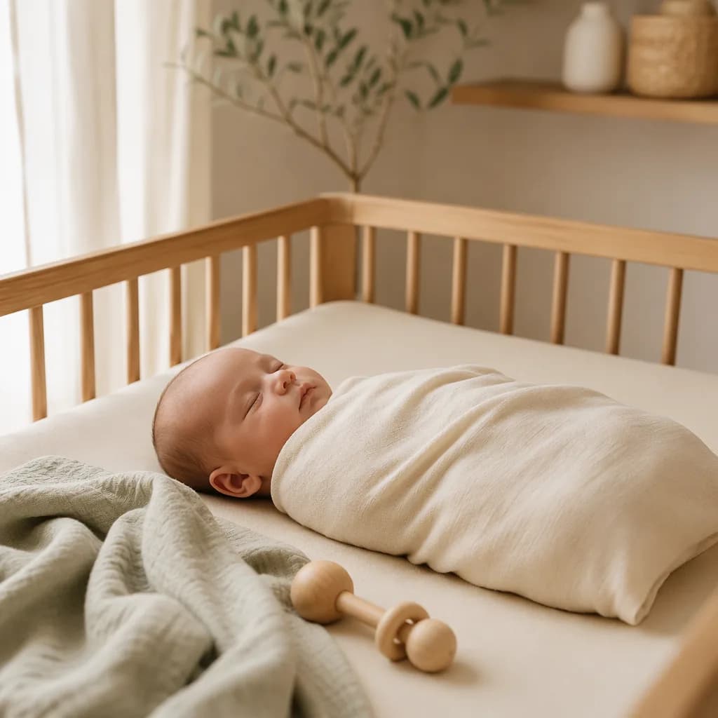 A peaceful baby in a simple cream nursery with soft natural light.
